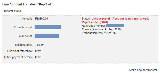 Unsuccessful - Account is not authorised. Reject Code: [0076]